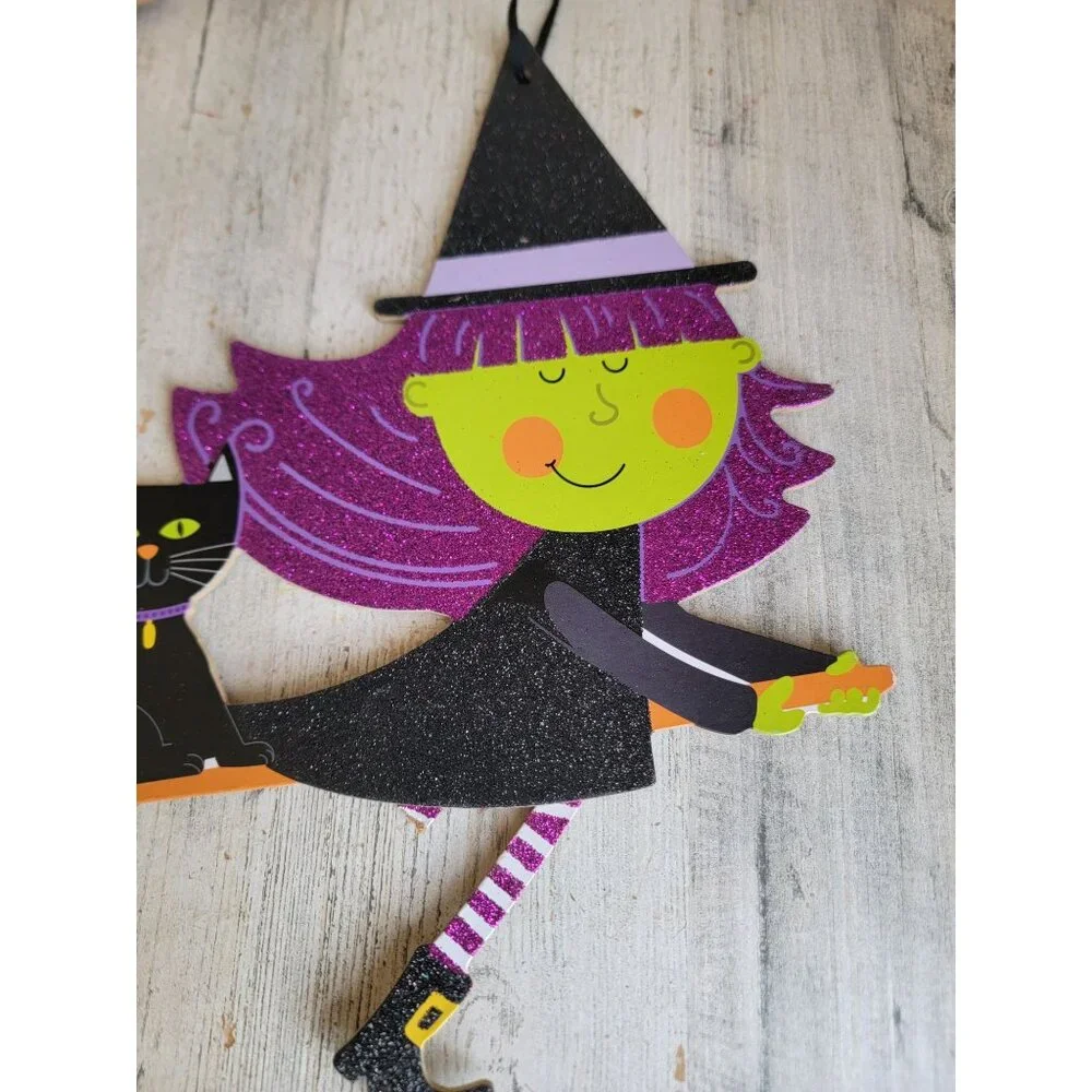 Glitter witch broom set cat AS IS Halloween sign hanging decor‎